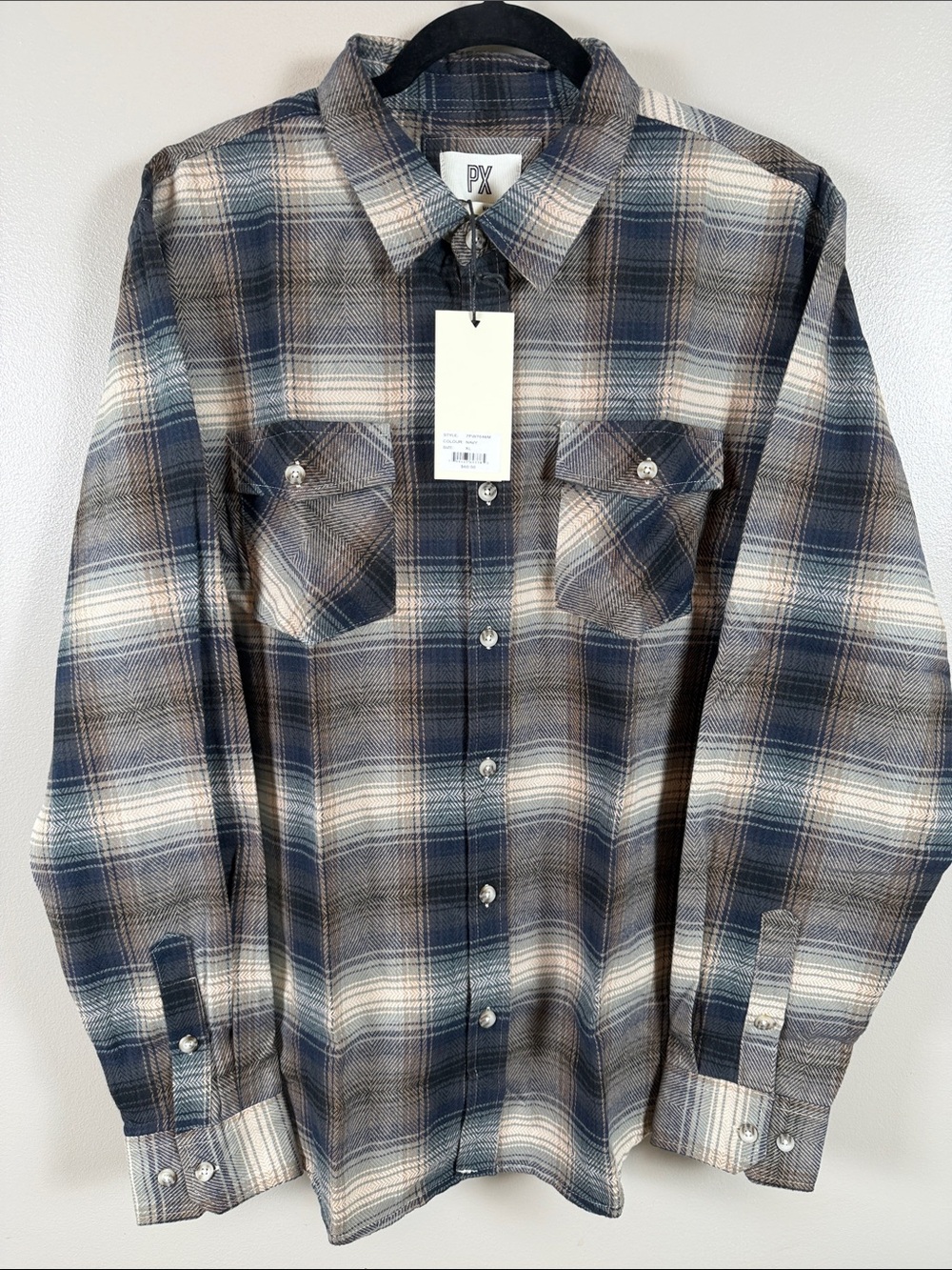 PX Men’s Blue & Brown Plaid Flannel Button-Up Shirt